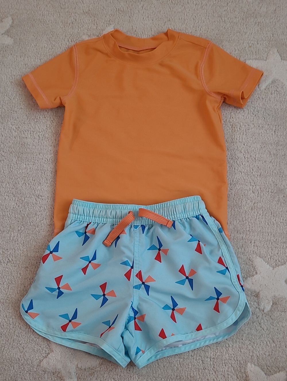Primary Toddler Orange Short-Sleeve Rashguard with Light Blue Swim Shorts
